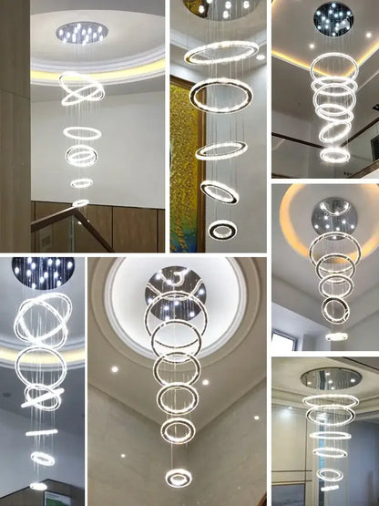 Modern luxury decorbites crystal rings chandelier with glowing circular rings for staircase lighting fixture