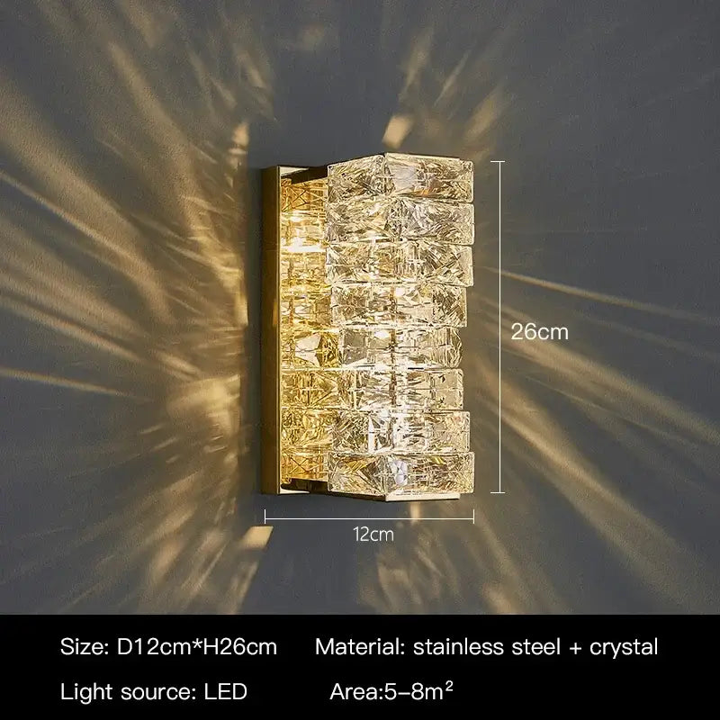 Modern luxury gold and crystal led wall light with stacked faceted crystals in stainless steel frame for living room