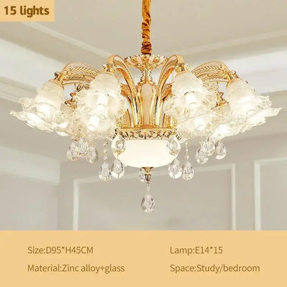 Modern luxury gold crystal ceiling chandelier with crystal droplets and frosted glass flower shades for living room decorbites crystal ceiling