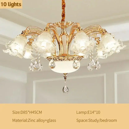 Modern luxury gold crystal ceiling chandelier with ten frosted glass flower shades and dangling crystal teardrops for living room decorbites crystal ceiling