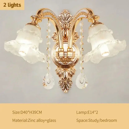 Gold-toned ornate wall sconce with two frosted glass lampshades and crystal beads for modern luxury decorbites crystal ceiling use