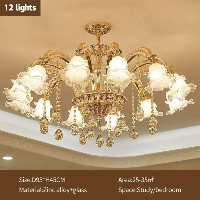 Modern luxury gold crystal ceiling chandelier with 12 frosted flower shades and zinc alloy decorbites crystal ceiling design