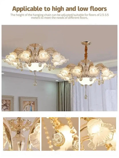 Modern luxury gold crystal ceiling chandelier featuring ornate floral glass shades and dangling crystal droplets for living room decorbites crystal ceiling style