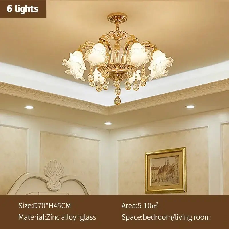 Modern luxury gold crystal ceiling chandelier with six frosted glass shades and crystal accents for living room decorbites crystal ceiling