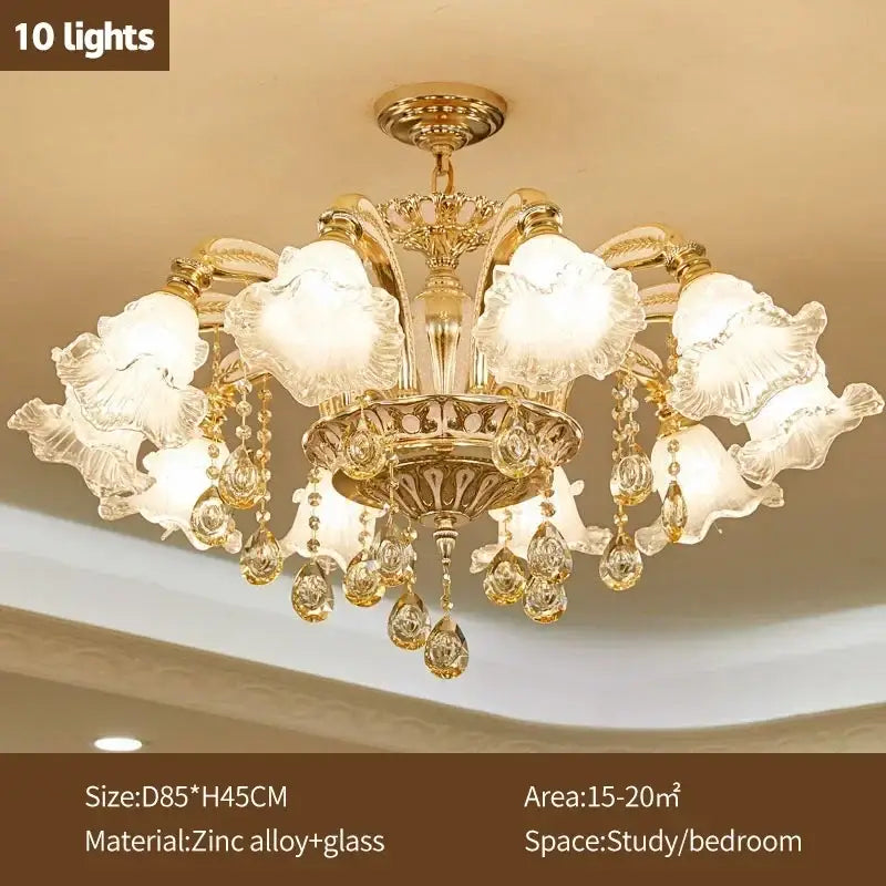 Modern luxury gold crystal ceiling chandelier with ten frosted flower shades and dangling crystal teardrop decorbites crystal ceiling