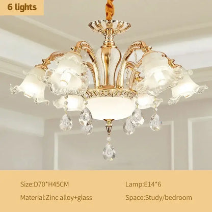 Modern luxury gold crystal ceiling chandelier with six frosted glass lampshades and dangling teardrop pendants for decorbites crystal ceiling