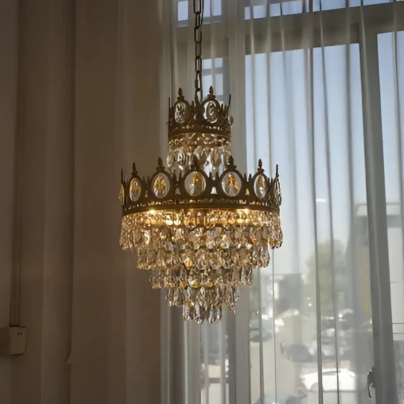 Modern luxury gold crystal crown chandelier with cascading crystal droplets for elegant living room decorbites crystal crown