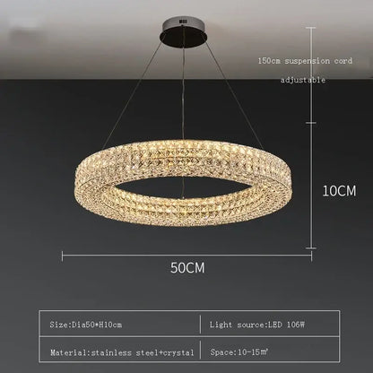 Modern luxury gold crystal led ceiling chandelier with two concentric sparkling rings, suspended by stainless steel mount