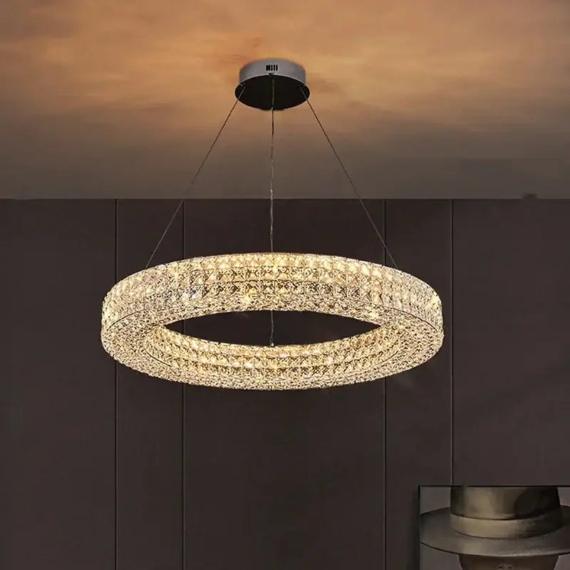 Modern luxury gold crystal led ceiling chandelier with multiple tiers of clear crystals and chrome mount for living room decorbites crystal led