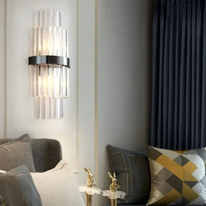 Modern luxury wall lamp with vertical clear crystal rods and black metal band decorbites crystal led wall lighting
