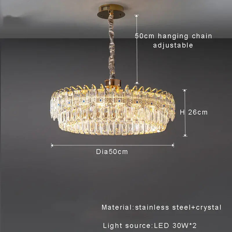 A modern luxury gold double crystal ceiling chandelier with a golden stainless steel frame and clear faceted crystals