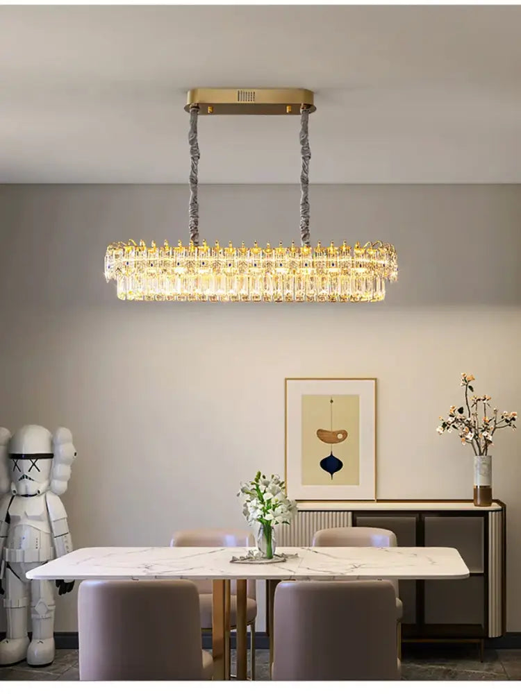 Modern luxury gold double crystal ceiling chandelier with rectangular frame, crystal prisms, and textured rope chains