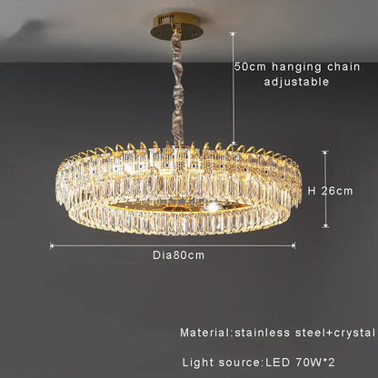 Modern luxury gold double crystal ceiling chandelier with clear crystal prisms suspended by stainless steel chain