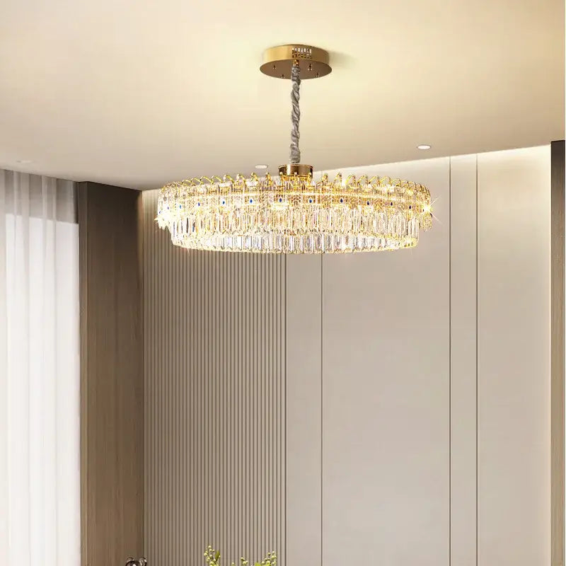 Modern luxury gold double crystal ceiling chandelier with cascading crystal prisms and twisted rope pendant for living room