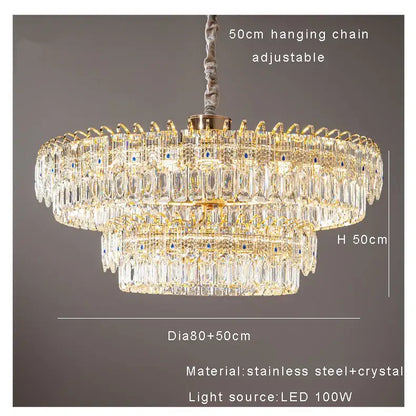 Modern luxury gold double crystal ceiling chandelier with multi-tiered crystals and 50cm adjustable hanging chain