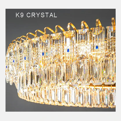 Modern luxury gold double crystal ceiling chandelier with cascading k9 crystals and blue gemstones for living room
