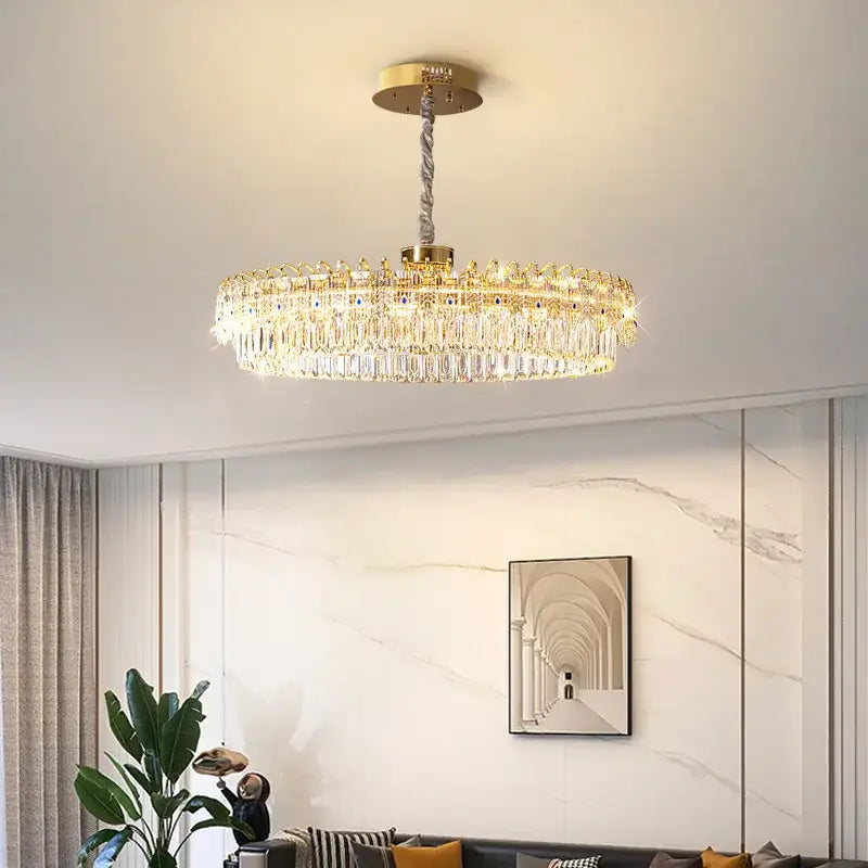 Modern luxury gold double crystal ceiling chandelier with cascading crystal prisms and twisted rope pendant for living room