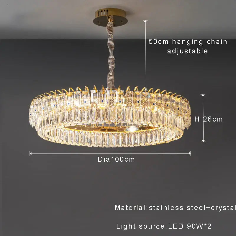 Modern luxury gold double crystal ceiling chandelier with clear crystal prisms and adjustable hanging chain for living room