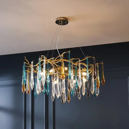 Modern luxury golden crystal water drop led chandelier with branch like frame and multicolor glass teardrop pendants