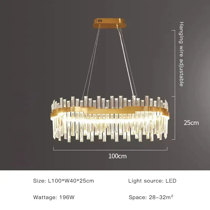 Modern luxury spectrum gold crystal chandelier with gold-toned circular frame and cascading clear prisms for dining room