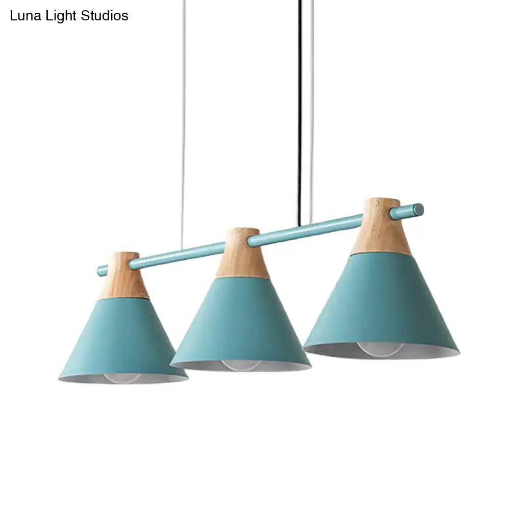 Decorbites modern macaron cone hanging light pendant in blue black with wood accents and sleek metal bar for dining table