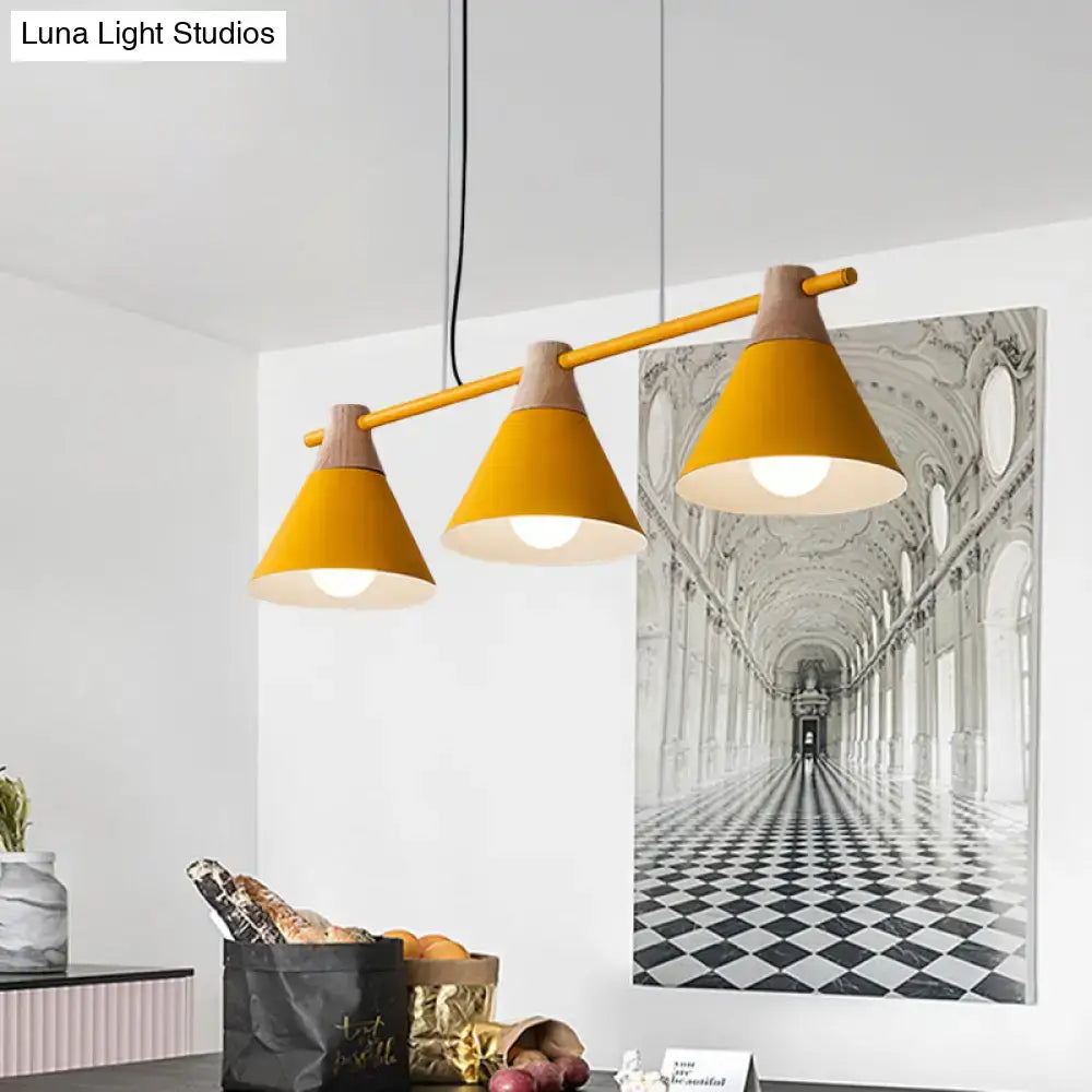 Decorbites modern macaron cone hanging light pendant with three yellow wooden accented heads in blue black for dining table