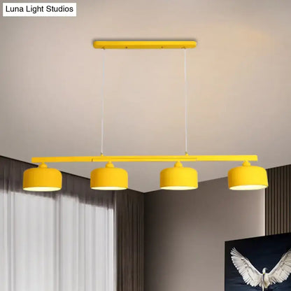 DecorBites modern macaron drum chandelier metal ceiling lamp with bright yellow shades and adjustable chain cord length for dining table