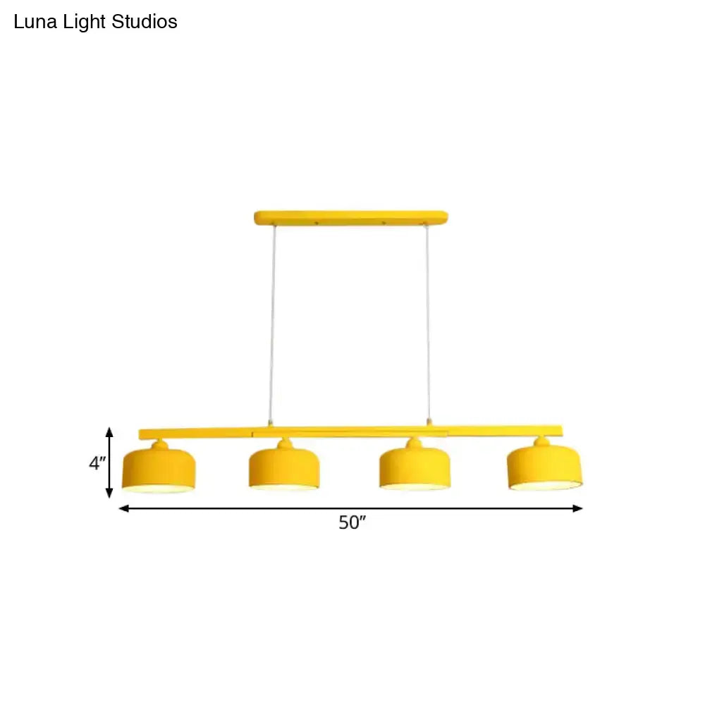 Decorbites modern macaron drum chandelier with bright yellow metal shades and adjustable chain cord length for dining table