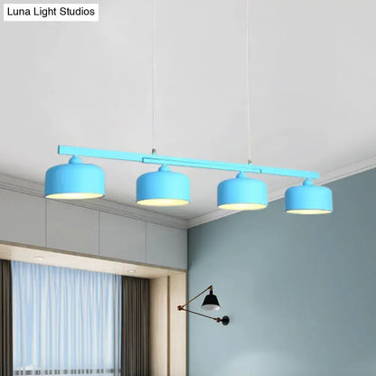 DecorBites modern macaron drum chandelier metal ceiling lamp light blue with four cylindrical shades and adjustable chain cord length