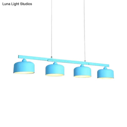 DecorBites™ modern macaron drum chandelier light blue metal ceiling fixture with four shades and adjustable chain cord length