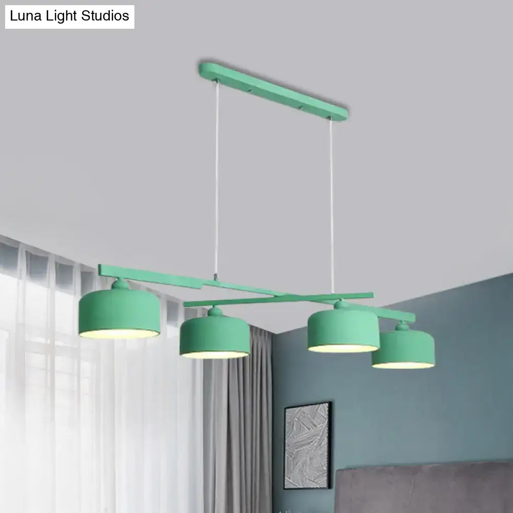 DecorBites™ modern macaron drum chandelier with four mint green metal shades and adjustable chain cord length for dining table