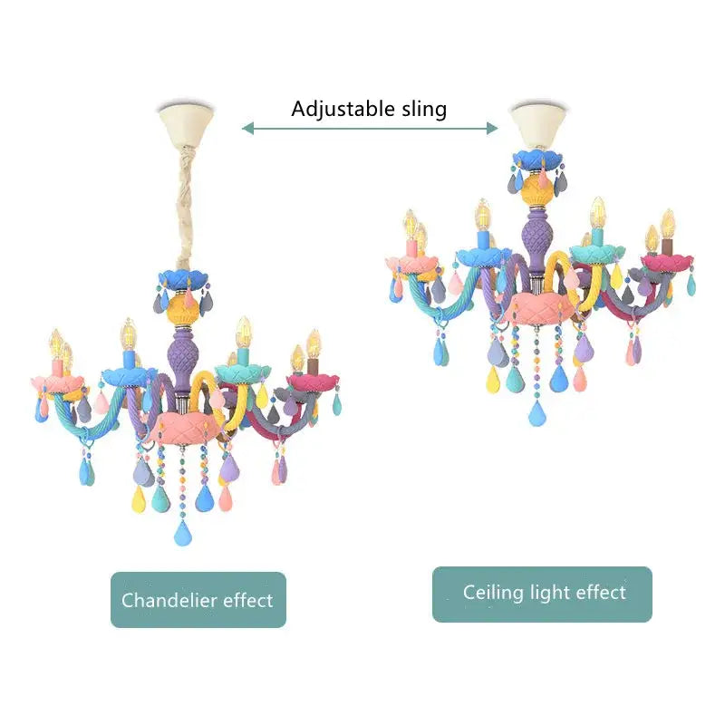 Modern macaron rainbow crystal chandelier with pastel-painted arms and teardrop beads for childrens room decorbites crystal chandelier