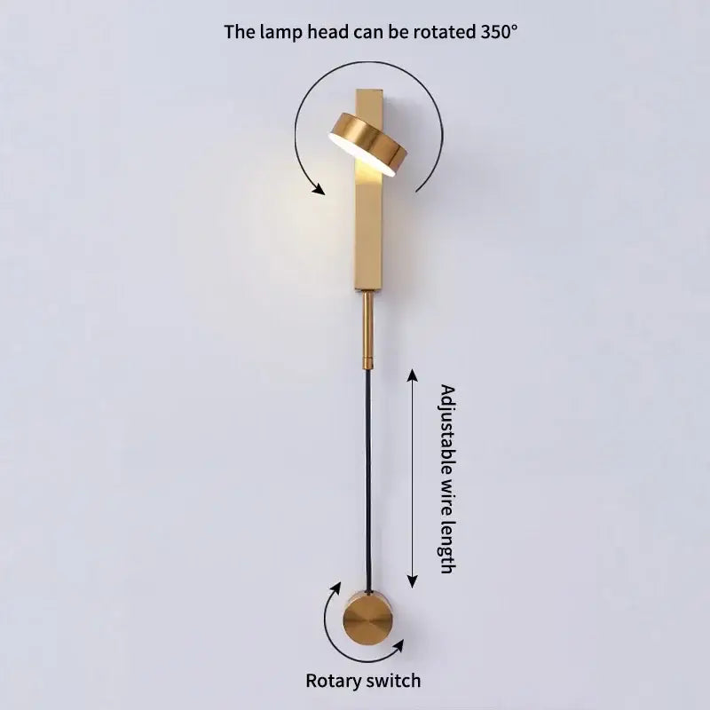 Gold-finished adjustable wall lamp with 360-degree rotating lamp head and rotary switch for modern decorbites black rotation led fixture