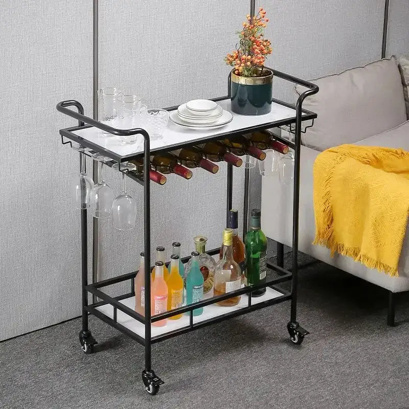 Black metal decorbites drinks trolley with white shelves and top wine rack holding red wine bottles for dining room use