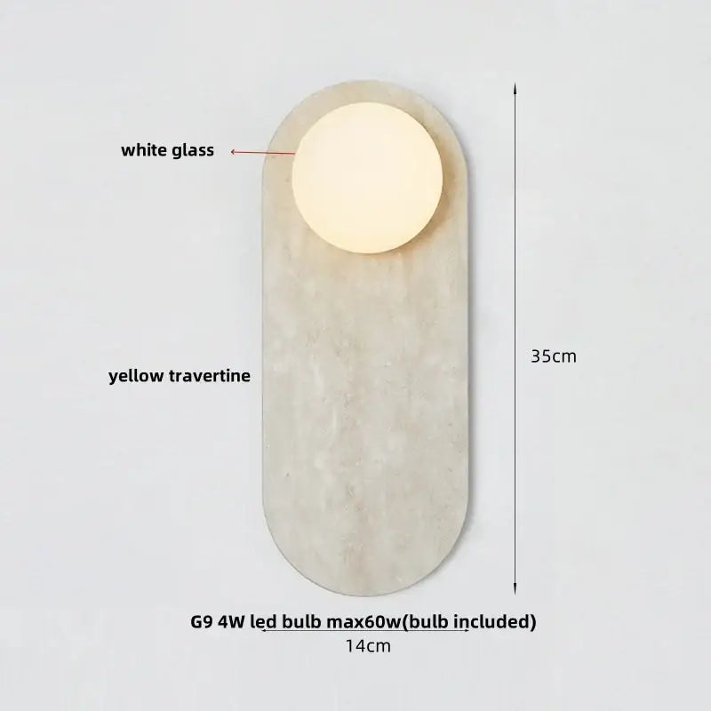 Modern wall lamp with white glass globe led light set in smooth yellow travertine stone for stylish bathroom decorbites glass globe design