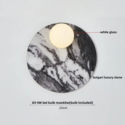 Modern marble glass globe led wall lamp with black and white marble base and central white glass bulb bathroom sconce decorbites glass globe
