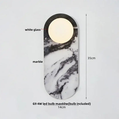 Modern marble glass globe led wall lamp with white marble and black veining and circular glass globe led fixture