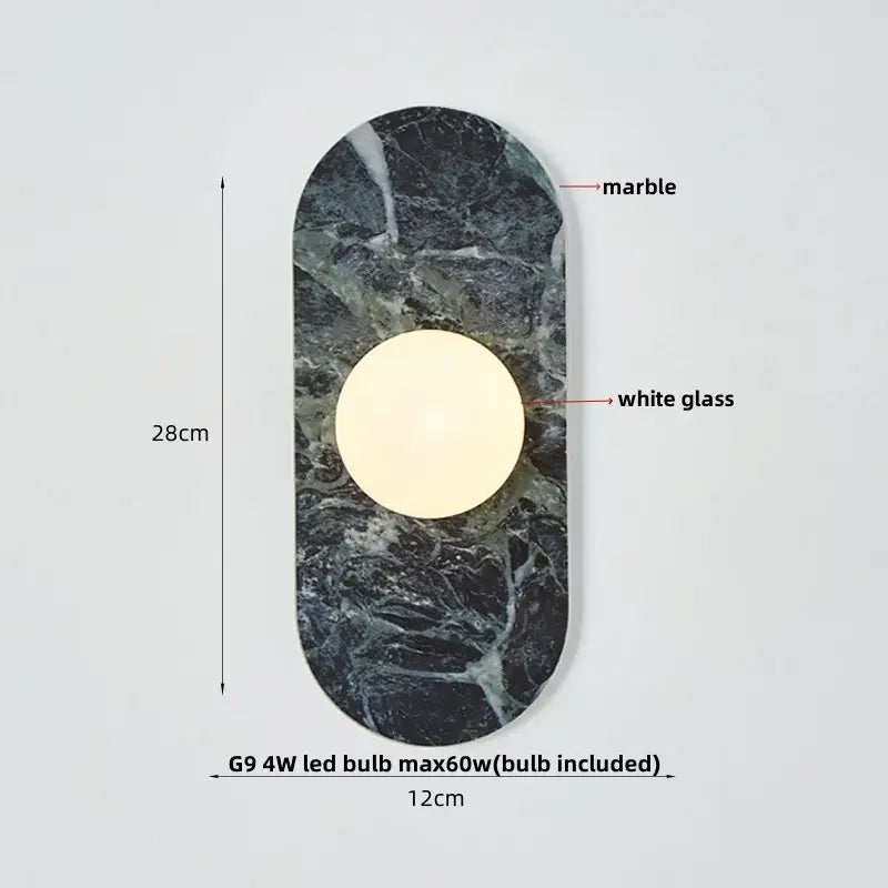 Modern wall lamp with dark green marble backplate and white glass globe led diffuser for bathroom decorbites glass globe