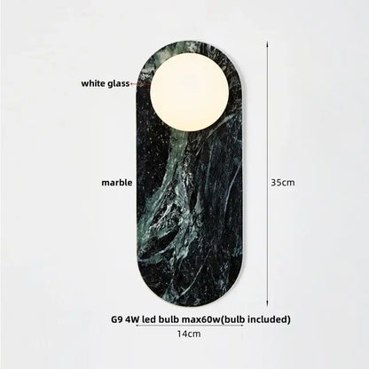 Modern marble glass globe led wall lamp with dark green black marble backplate and white glass globe diffuser by decorbites