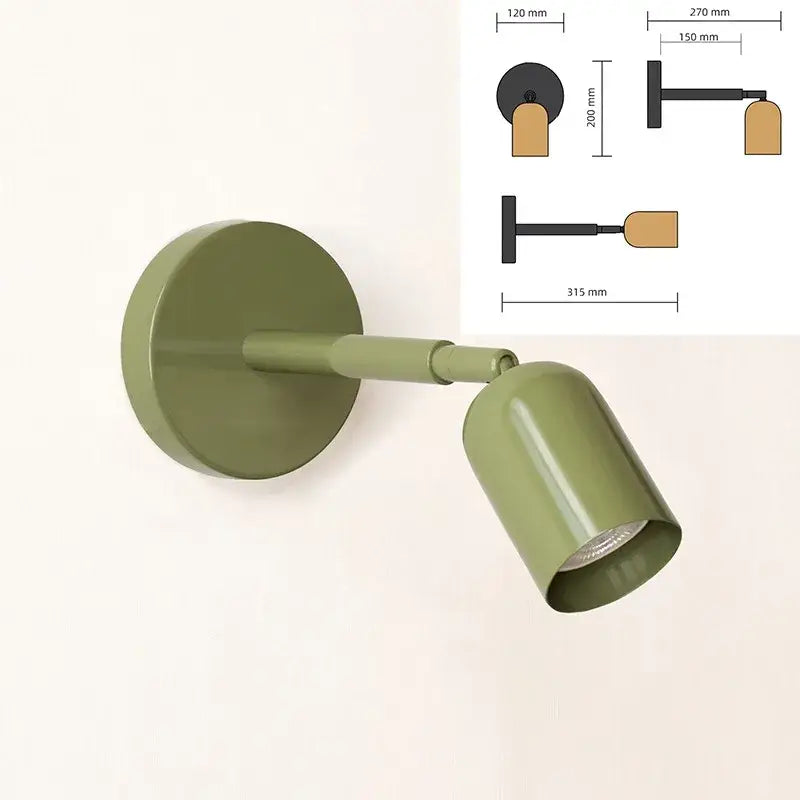 Modern matte olive green metallic wall sconce with adjustable gu10 led cylindrical head for bedroom lighting