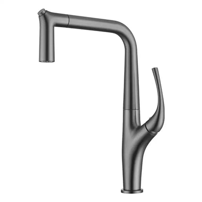 Modern matte black decorbites kitchen faucet with sleek curved spout and integrated pull-down spray head water filter mixer