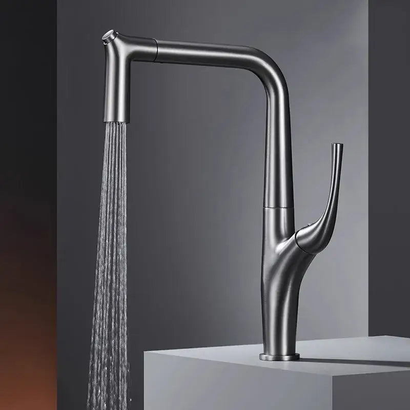 Modern matte black decorbites kitchen faucet with a sleek curved design and integrated water filter for sink mixer use