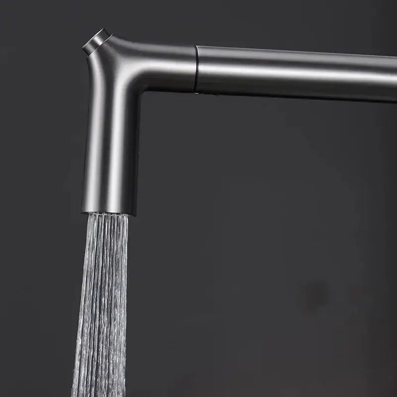 Modern matte black decorbites kitchen faucet 3 way sink mixer with sleek angular design and fine spray water flow