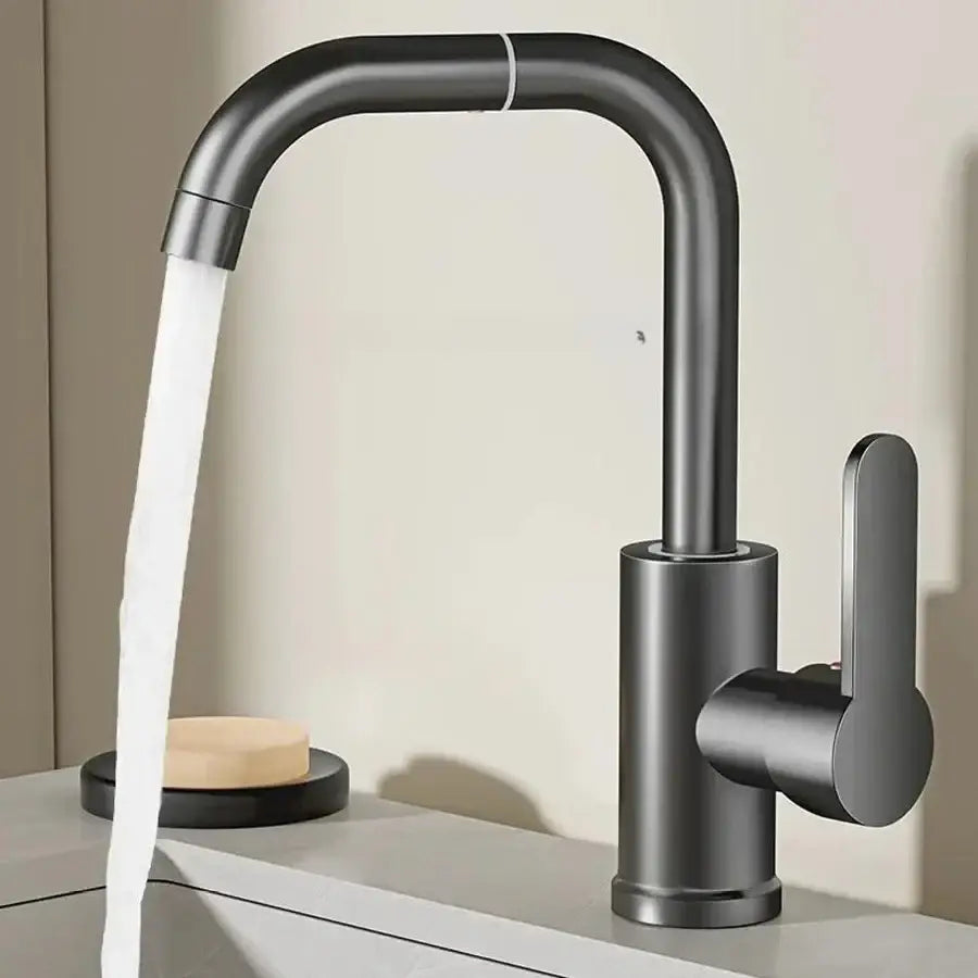 Modern matte black stainless steel swivel kitchen faucet with a sleek curved spout and minimalist design