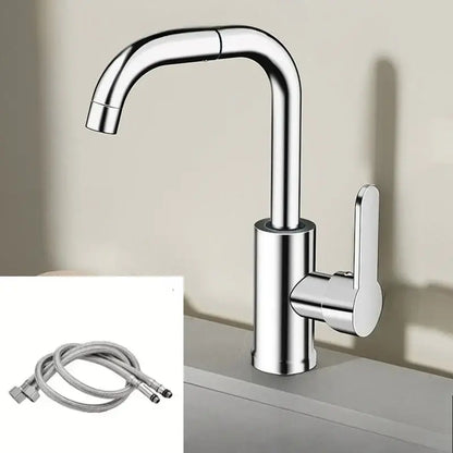 Modern matte black stainless steel kitchen faucet with 720° swivel and sleek chrome-finished curved spout