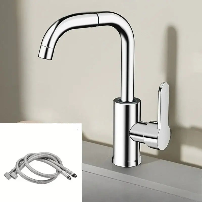 Modern matte black stainless steel kitchen faucet with 720° swivel and sleek chrome-finished curved spout