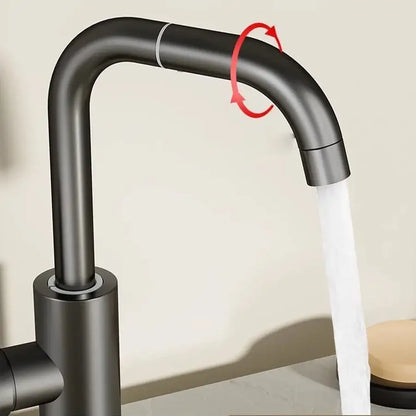 Modern matte black stainless steel swivel faucet with sleek curved spout and rotating handle for kitchen use