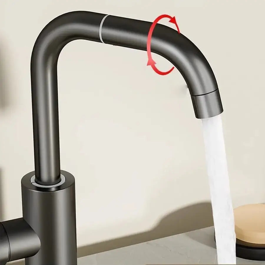 Modern matte black stainless steel swivel faucet with sleek curved spout and rotating handle for kitchen use