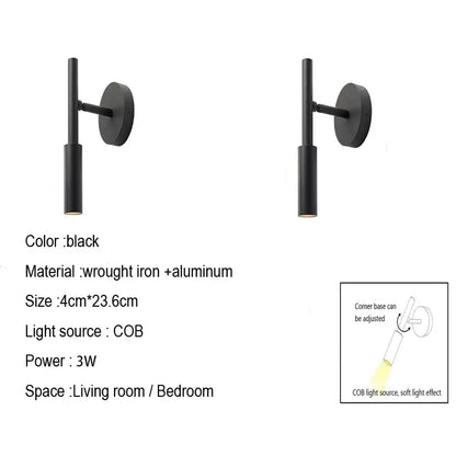Modern matte black adjustable led wall lamp made of wrought iron and aluminum with sleek cylindrical design for reading