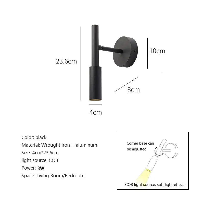 Modern matte black adjustable led wall lamp made of wrought iron and aluminum ideal for bedroom reading night light